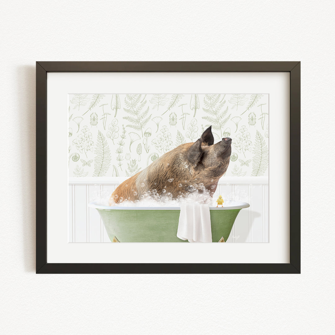 A pig sitting in a green bathtub filled with water, surrounded by a patterned wall.