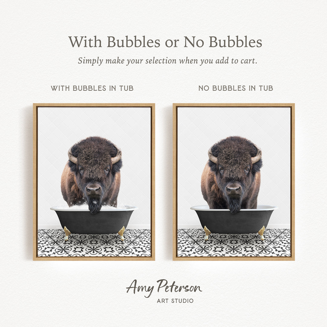 The image is a collage of two framed pictures, each depicting a buffalo with a tub. The buffalo in the left frame has bubbles in the tub, while the buffalo in the right frame does not have bubbles in the tub.