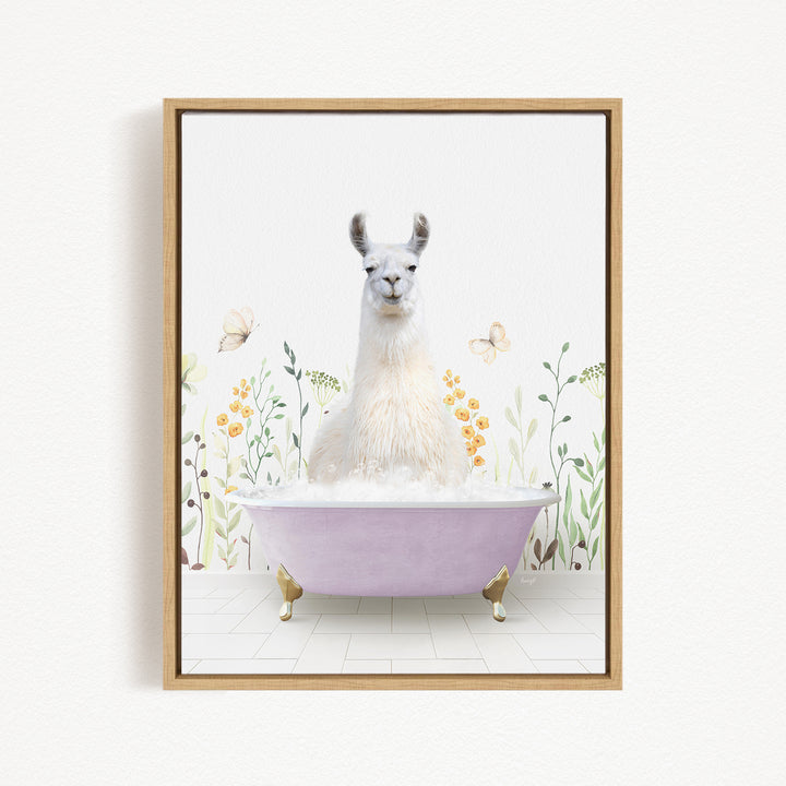 A white llama sitting in a pink bathtub filled with bubbles, surrounded by flowers and butterflies.