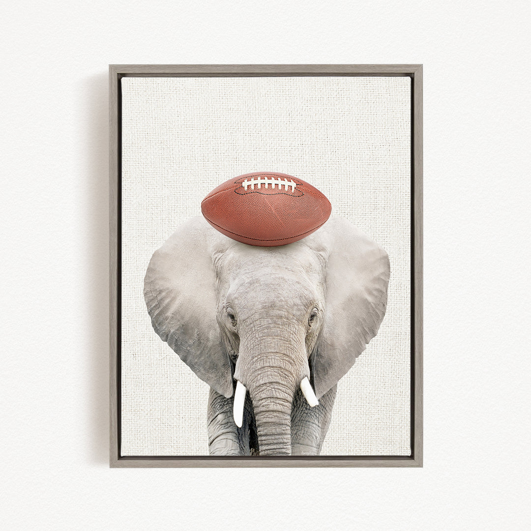 A gray elephant with a red football resting on its head, standing against a plain white background.