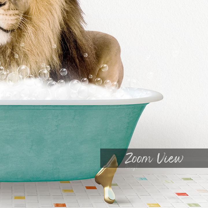 A lion is sitting in a green bathtub filled with bubbles, creating a whimsical and playful scene.