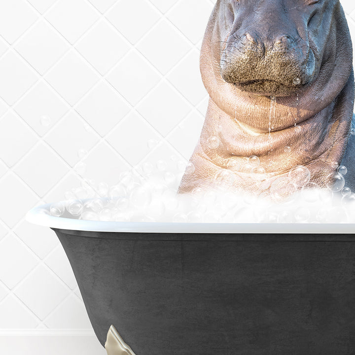 a hippopotamus sitting in a bathtub full of foam