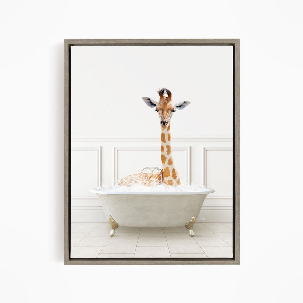 A giraffe is sitting in a white bathtub filled with water, creating a whimsical and playful scene.
