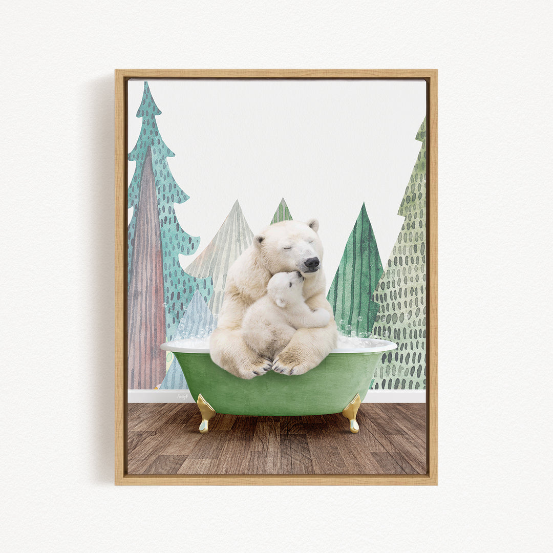 A polar bear is sitting in a green bathtub, surrounded by a forest scene with trees and a snowy landscape.