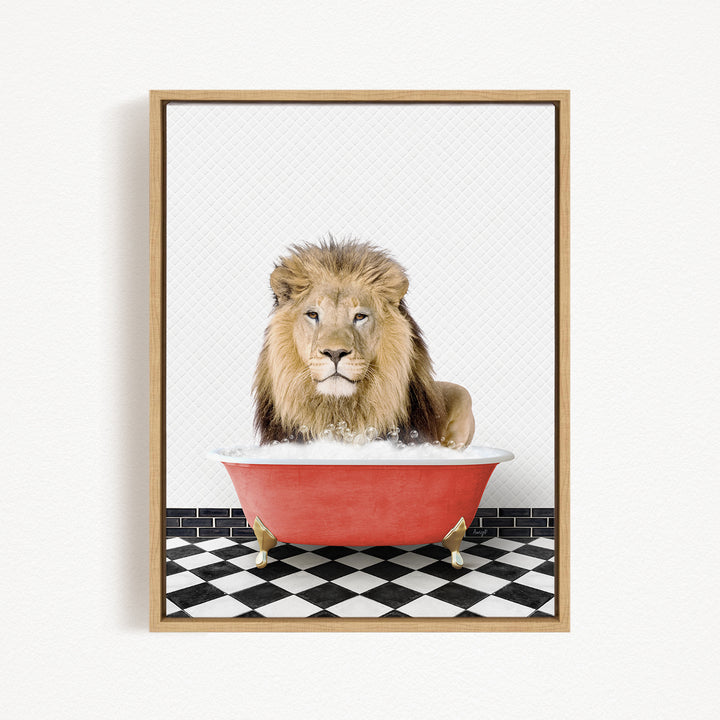 A lion sitting in a red bathtub filled with water, surrounded by a black and white checkered floor.
