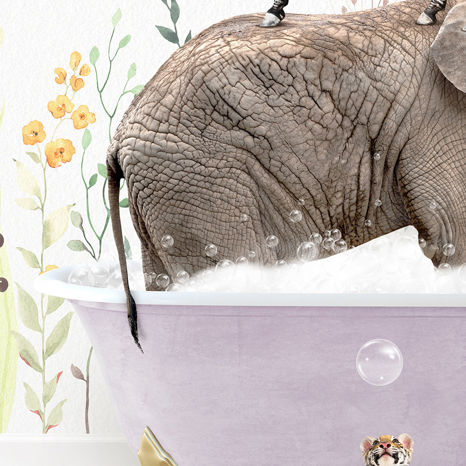 an elephant is taking a bath in a bathtub