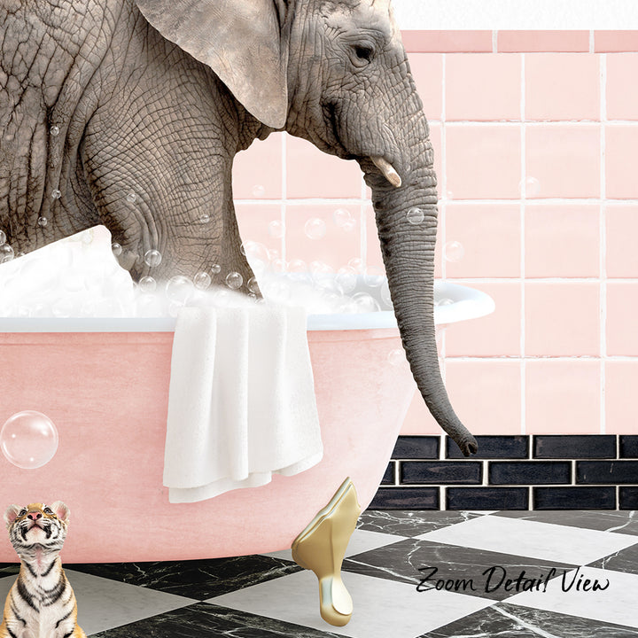 A large elephant is taking a bath in a pink tub, surrounded by bubbles, while a tiger and a cat observe from the side.