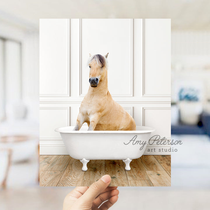 a horse sitting in a bathtub in a room