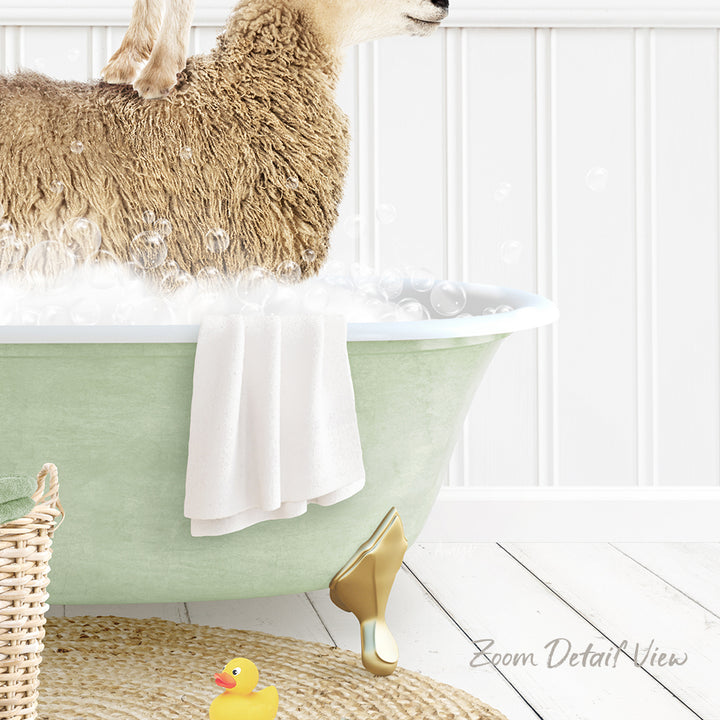 A fluffy brown sheep is sitting in a green bathtub filled with bubbles, surrounded by a yellow rubber duck and a white towel.