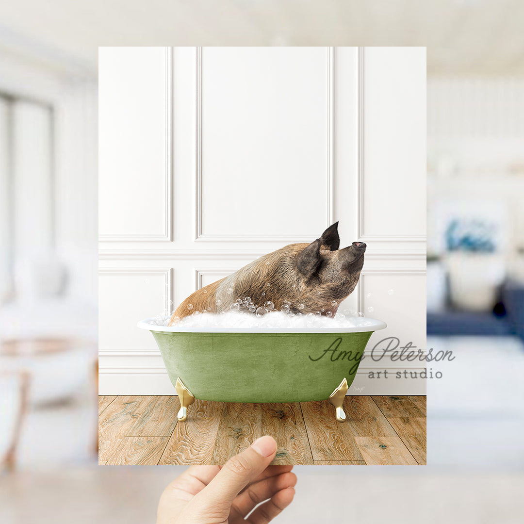 a dog taking a bath in a green bathtub