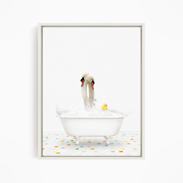A white bathtub filled with bubbles, with two swans standing on the edge and a rubber duck floating in the water.