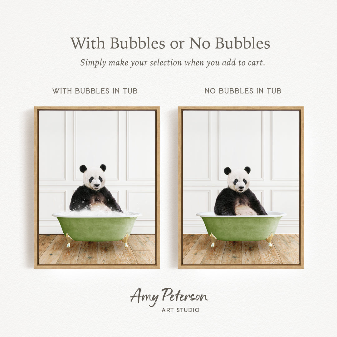 The image is a collage of two pictures featuring a panda bear sitting in a green bathtub. The panda bear is sitting in the tub with bubbles, while the other image shows the panda bear sitting in the tub without bubbles.