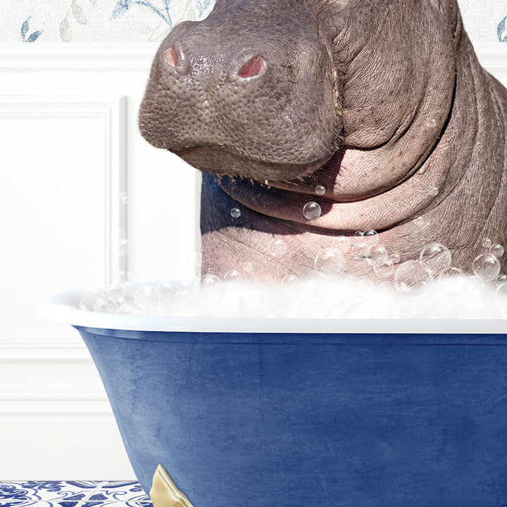 a hippopotamus in a blue bathtub with bubbles