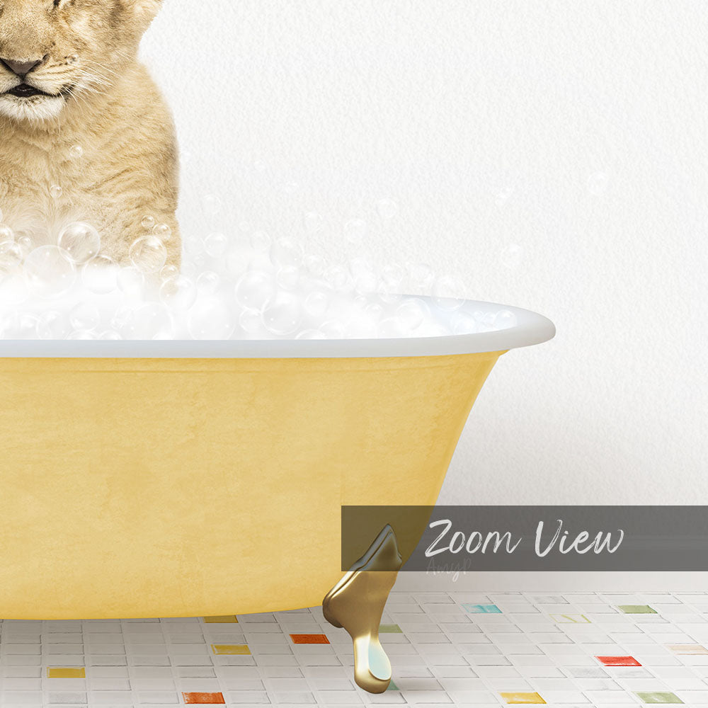 A cat sitting in a yellow bathtub filled with bubbles, with a text overlay that reads "Zoom View".