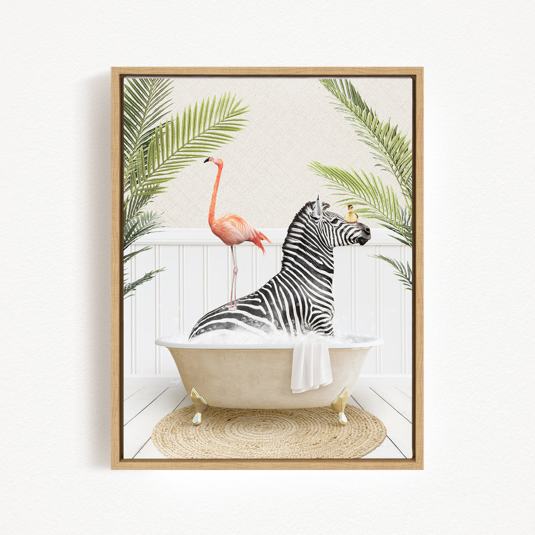 A zebra is sitting in a bathtub, surrounded by a pink flamingo and palm leaves, creating a whimsical and playful scene.