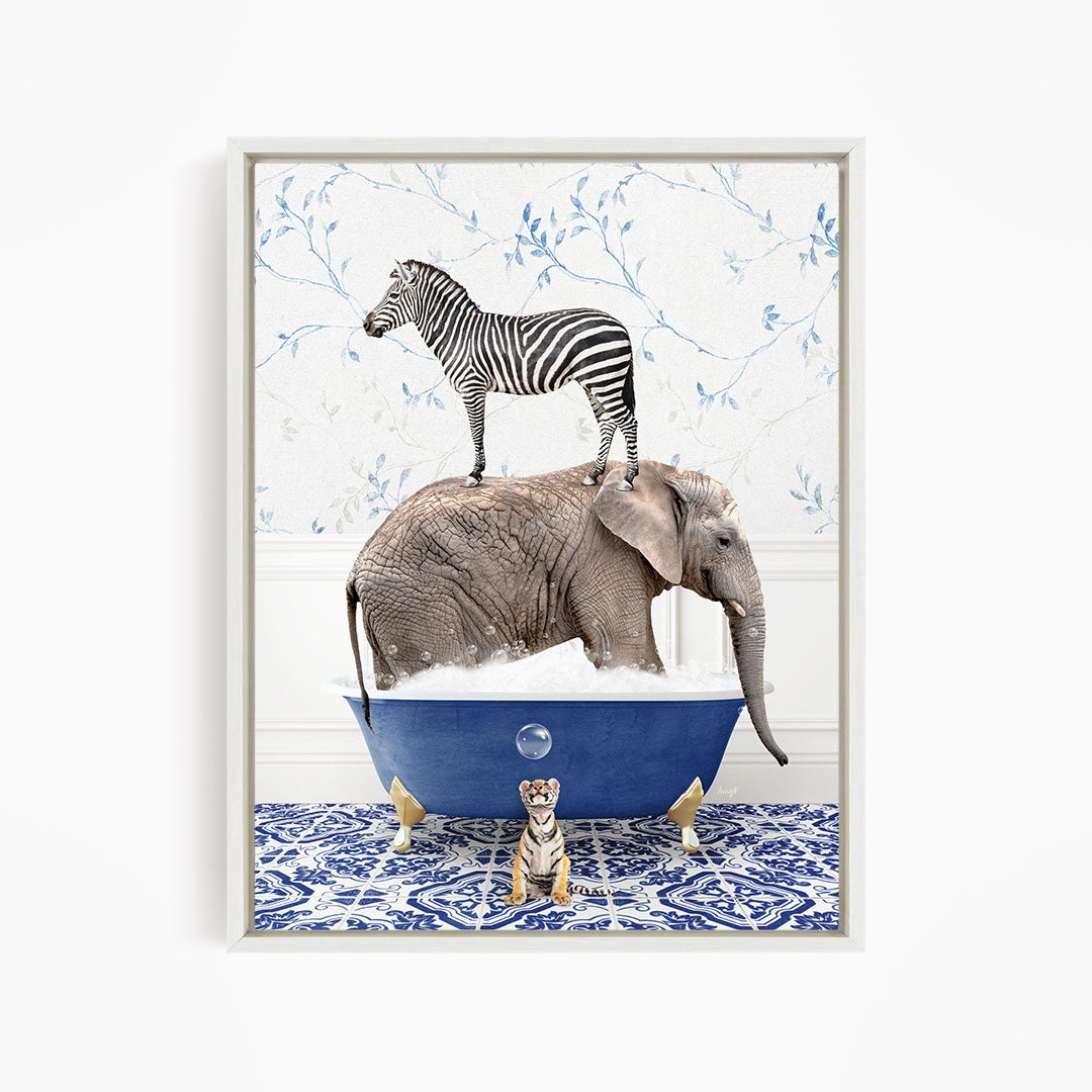 A zebra stands on the back of an elephant, which is submerged in a blue bathtub, with a tiger sitting nearby.