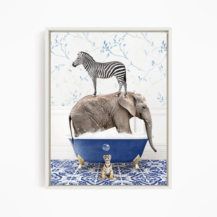 A zebra stands on the back of an elephant, which is submerged in a blue bathtub, with a tiger sitting nearby.