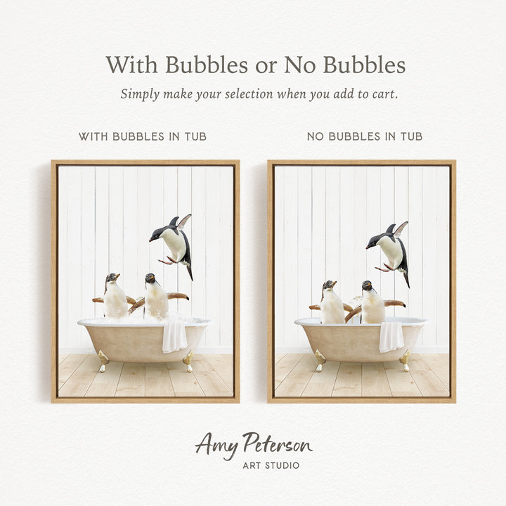 The image is a collage of two pictures, each featuring a penguin in a bathtub. The penguins are depicted in different states of being in the tub, with one penguin floating and another penguin sitting. The collage is titled "With Bubbles or No Bubbles" and is created by Amy Peterson from Art Studio.