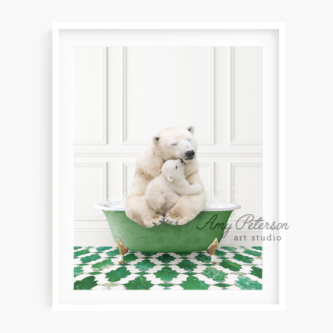 a polar bear and her cub are sitting in a bathtub