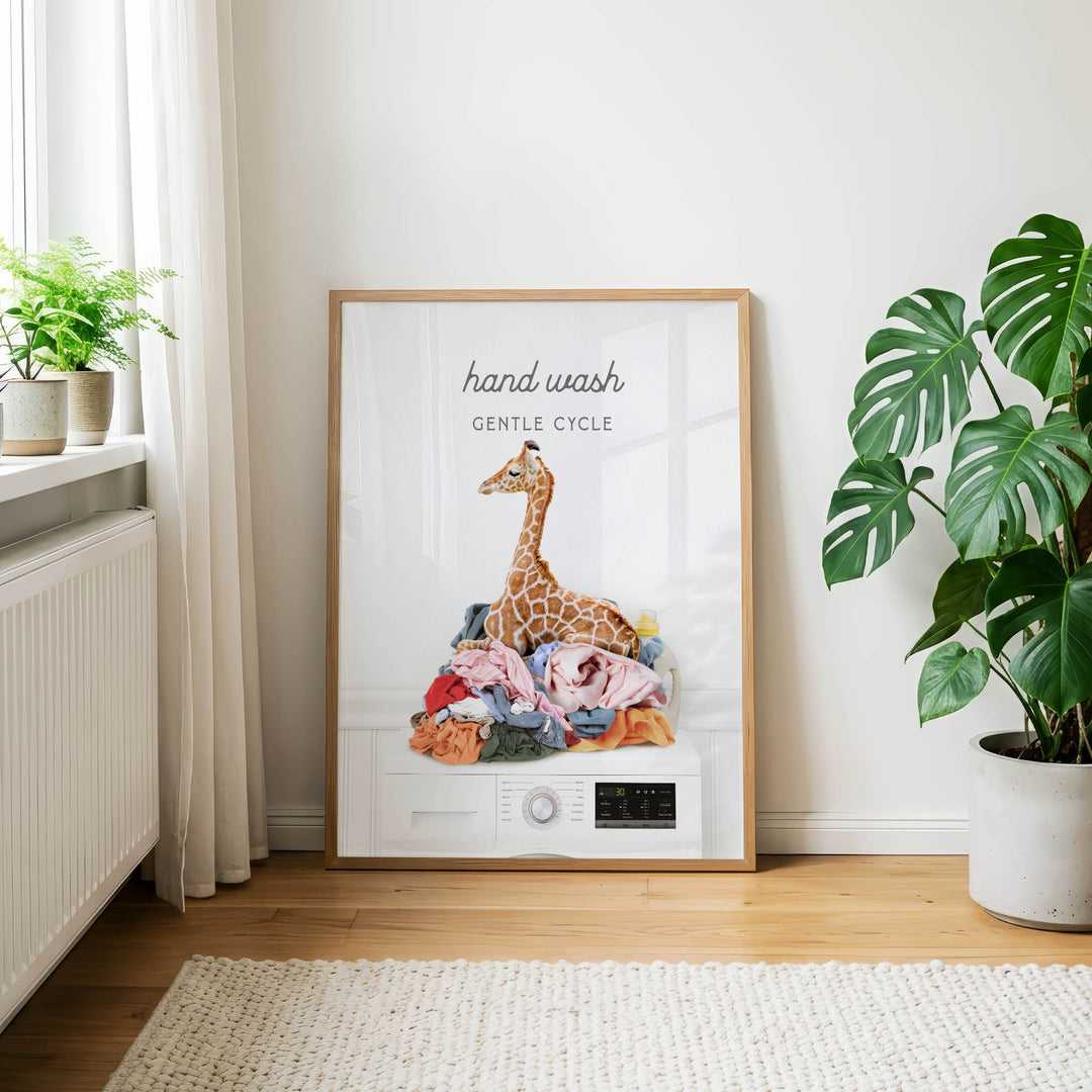 a framed poster with a giraffe sitting on a pile of laundry, along with the text "hand wash gentle cycle".