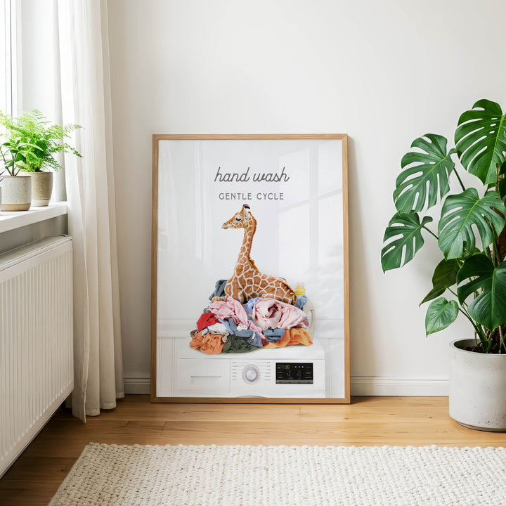 a framed poster with a giraffe sitting on a pile of laundry, along with the text "hand wash gentle cycle".