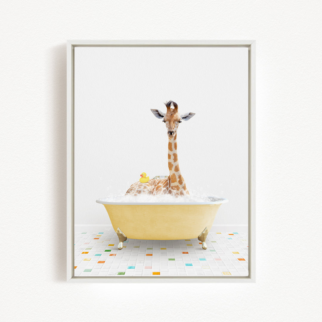 A giraffe sitting in a yellow bathtub filled with bubbles, surrounded by a colorful tiled floor.
