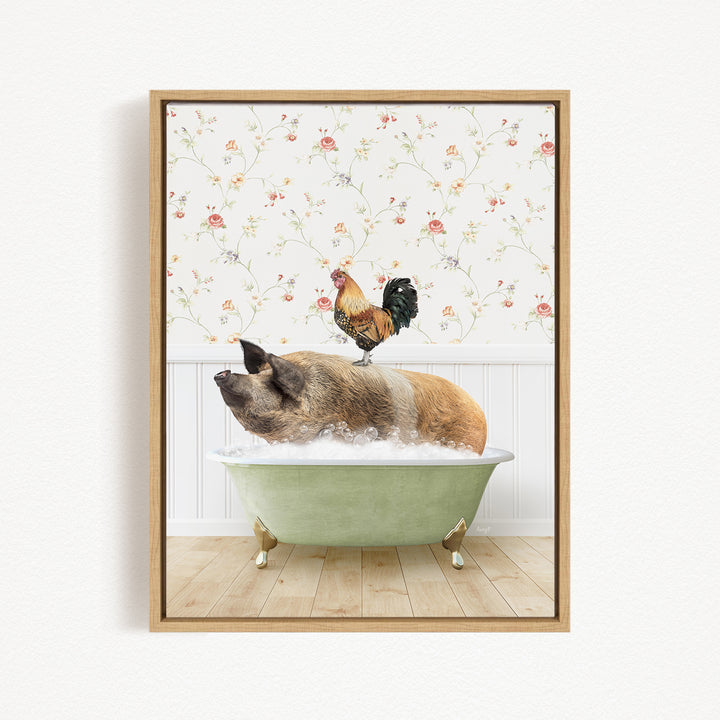 A pig is sitting in a green bathtub, with a rooster perched on its back, against a floral wallpaper backdrop.