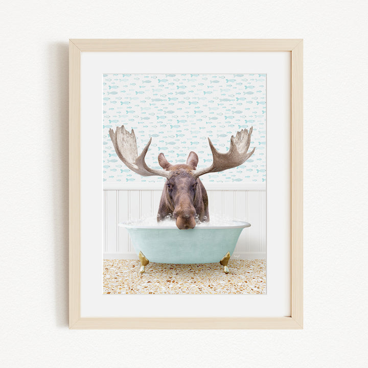 A moose with large antlers is sitting in a light blue bathtub, surrounded by a patterned wall and a beige floor.