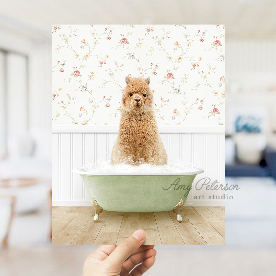 a hand holding a photo of a dog in a bathtub