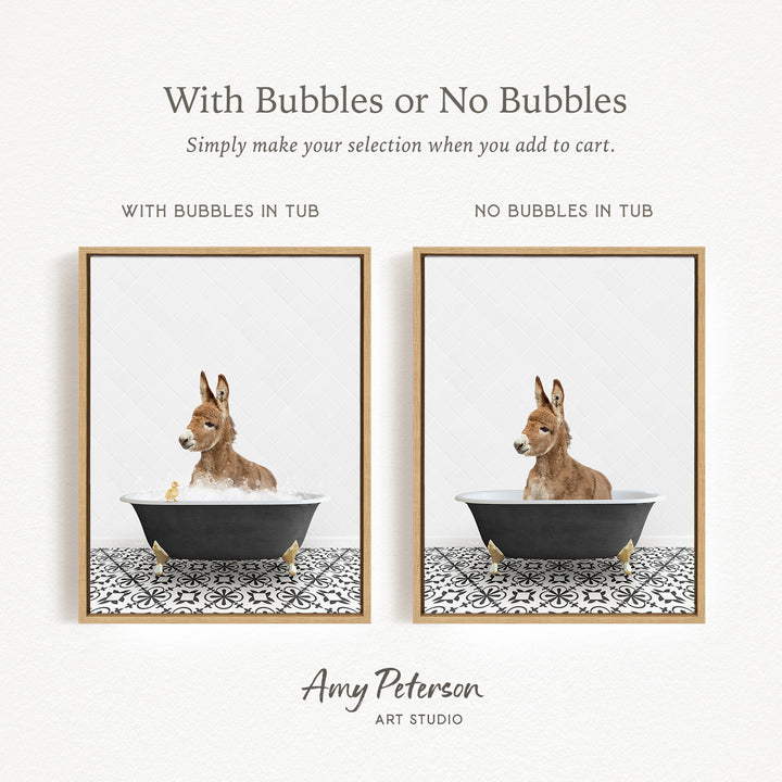 The image is a collage of two framed pictures, each depicting a donkey in a bathtub. The donkey in the bathtub has bubbles, while the donkey in the other bathtub does not have bubbles. The collage is titled "With Bubbles or No Bubbles" and is created by Amy Peterson from Art Studio.