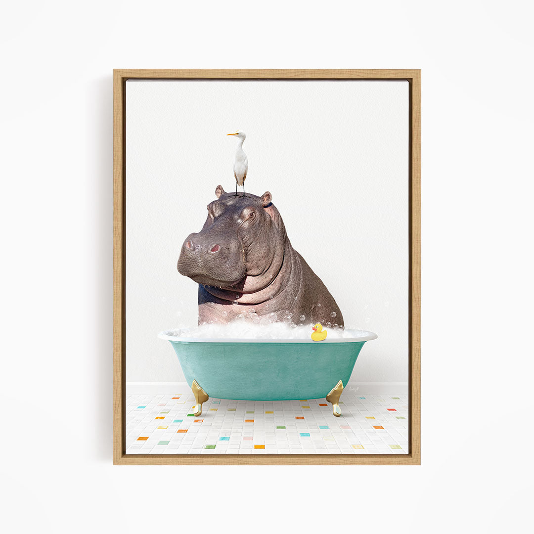 A hippopotamus sitting in a bathtub, with a bird perched on its head.