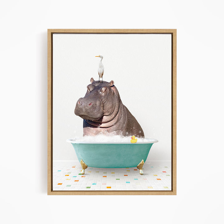 A hippopotamus sitting in a bathtub, with a bird perched on its head.
