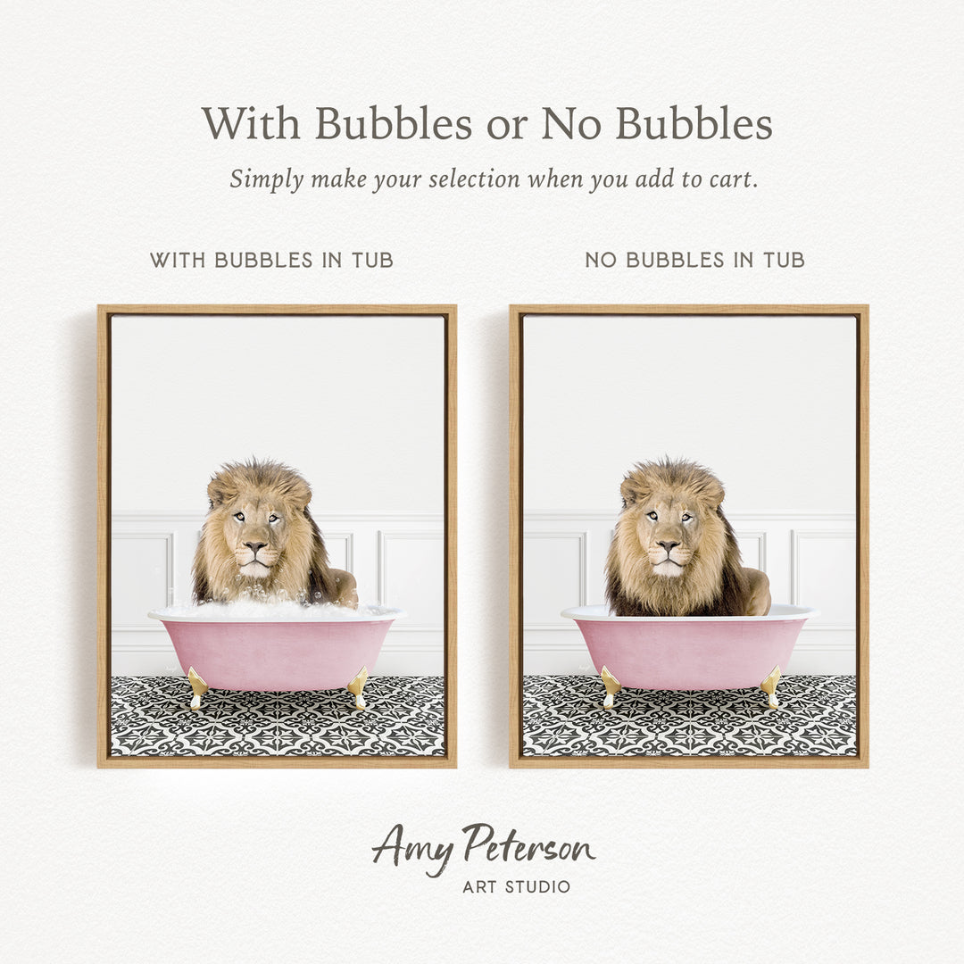 The image is a collage of two pictures, each featuring a lion sitting in a pink bathtub. The lion appears to be enjoying a bath, surrounded by bubbles. The collage is titled "With Bubbles or No Bubbles" and is created by Amy Peterson from Art Studio.