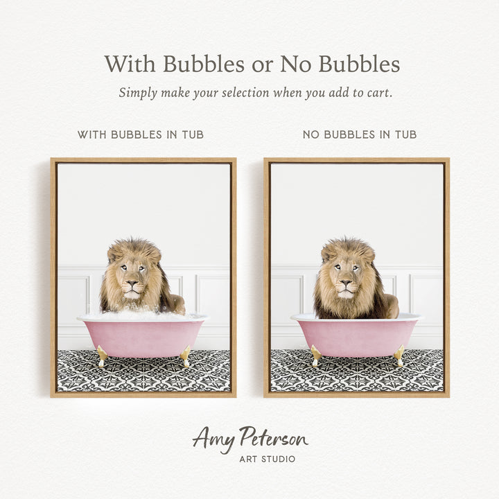 The image is a collage of two pictures, each featuring a lion sitting in a pink bathtub. The lion appears to be enjoying a bath, surrounded by bubbles. The collage is titled "With Bubbles or No Bubbles" and is created by Amy Peterson from Art Studio.