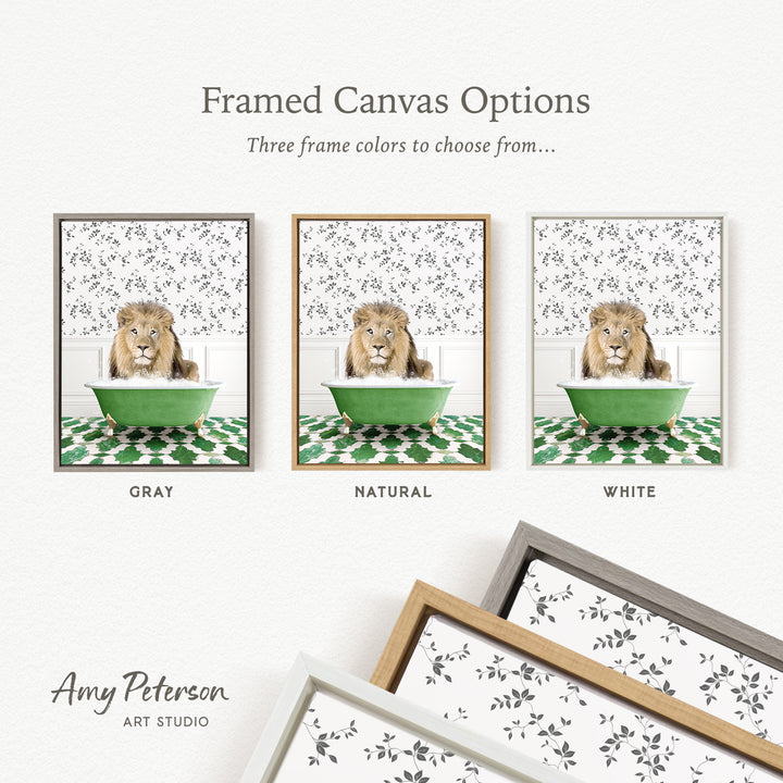 The image is a framed canvas option showcasing three different framed canvas options for a painting of a lion in a bathtub.