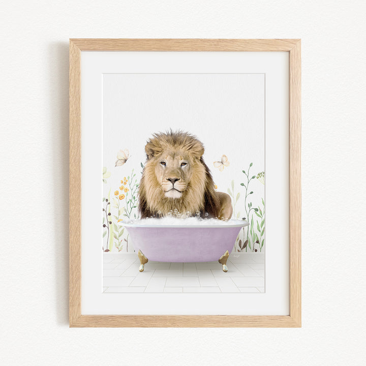 A lion is sitting in a purple bathtub, surrounded by flowers and butterflies, in the image.