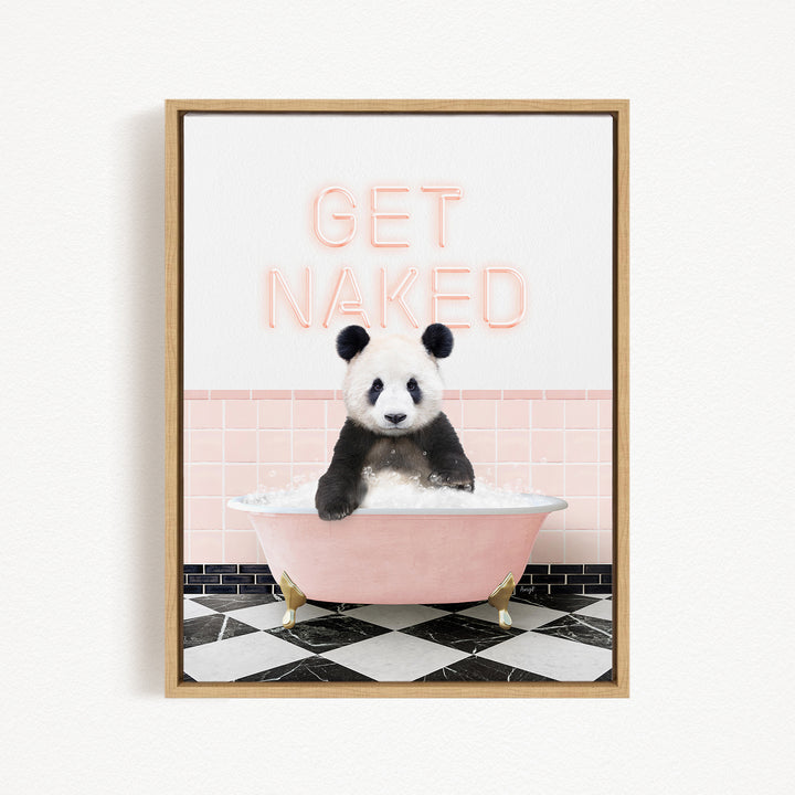 A panda bear sitting in a pink bathtub with the text "GET NAKED" displayed above it.
