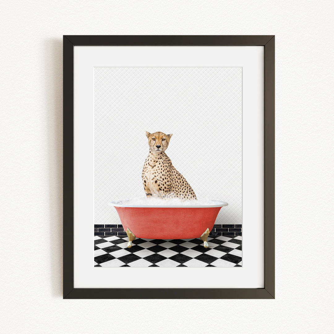 A cheetah sitting in a red bathtub filled with water, surrounded by a black and white checkered floor.