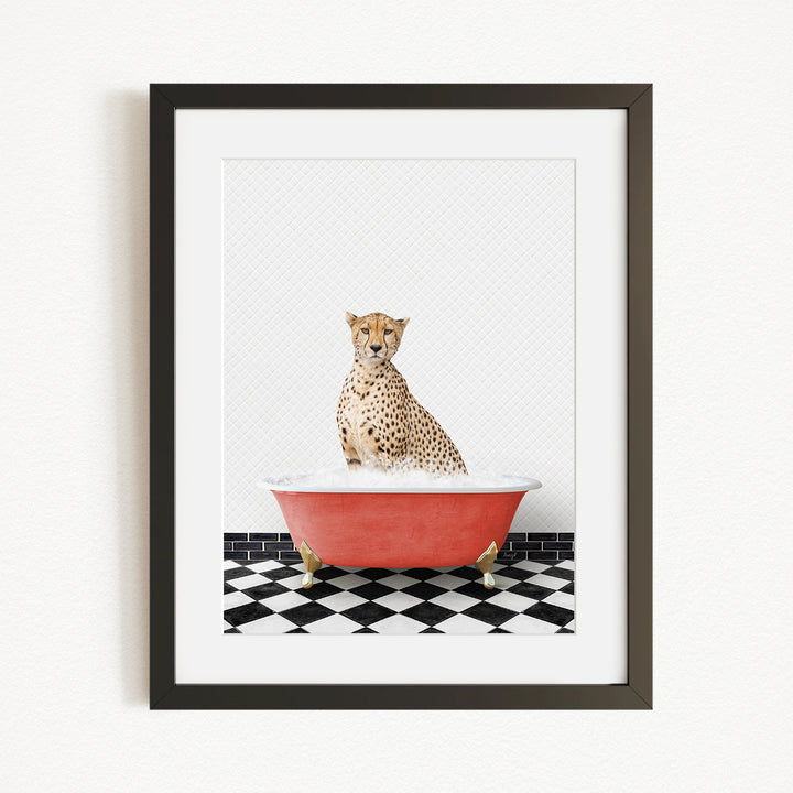 A cheetah sitting in a red bathtub filled with water, surrounded by a black and white checkered floor.
