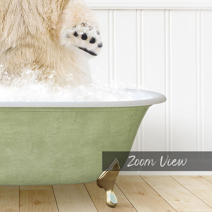 A fluffy white dog is standing in a green bathtub filled with bubbles, with its paw raised in the air.