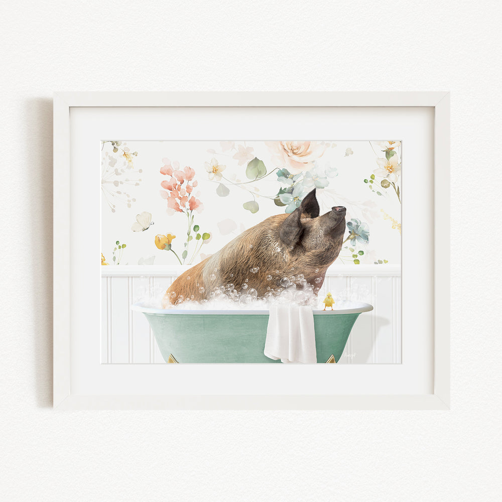 A brown dog is sitting in a green bathtub filled with bubbles, surrounded by a floral background.