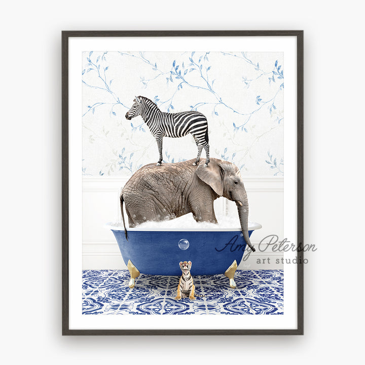 a picture of a zebra and an elephant in a bathtub