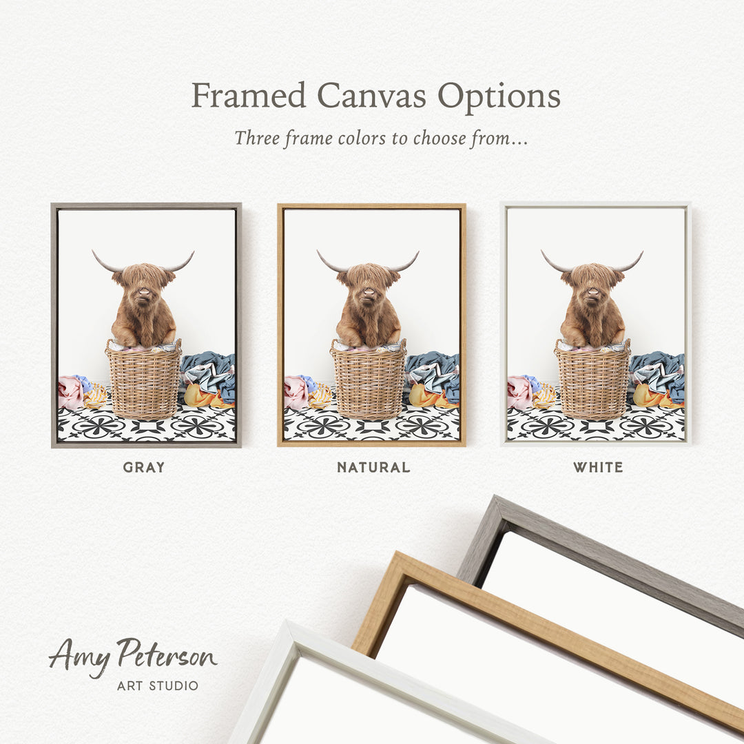 three framed canvas options, each featuring a brown cow with horns in a basket. The options include a gray frame, a natural frame, and a white frame.
