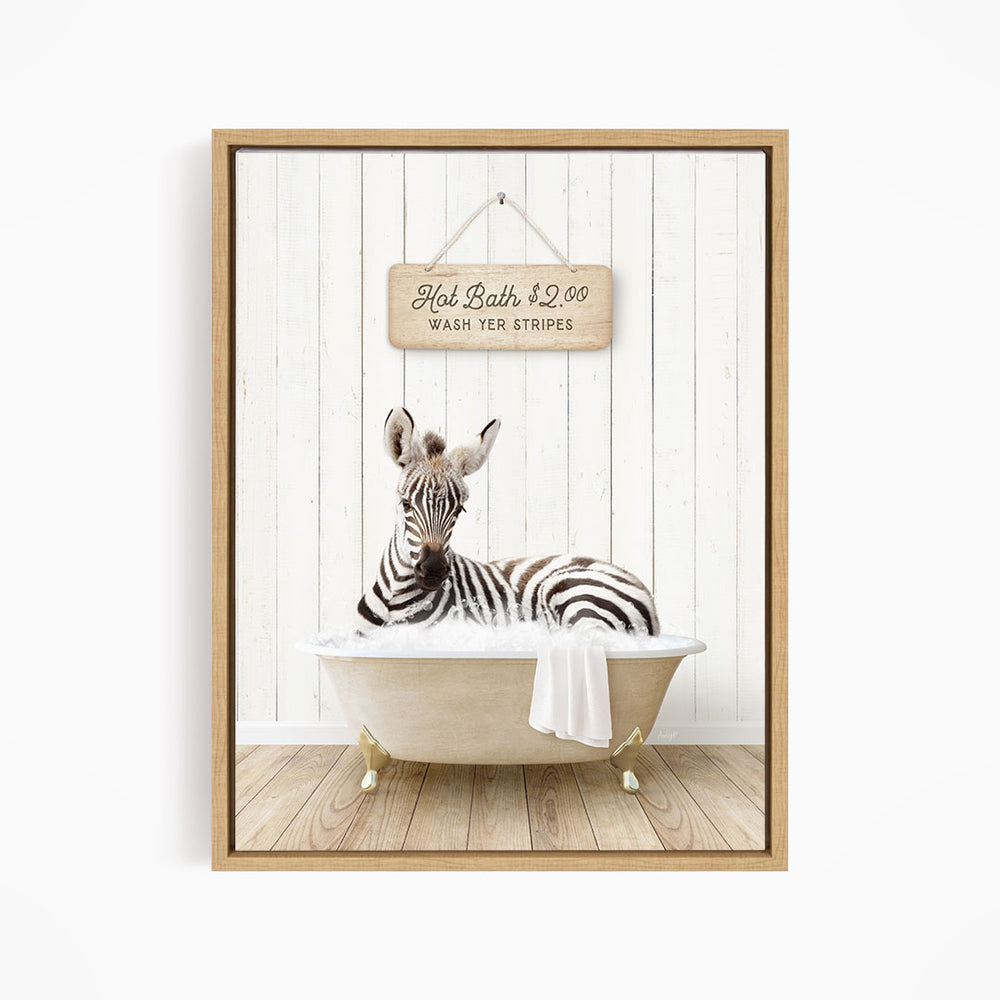 A zebra is sitting in a bathtub, with a sign above it that reads "Hot Bath $2.00 WASH YER STRINGS".