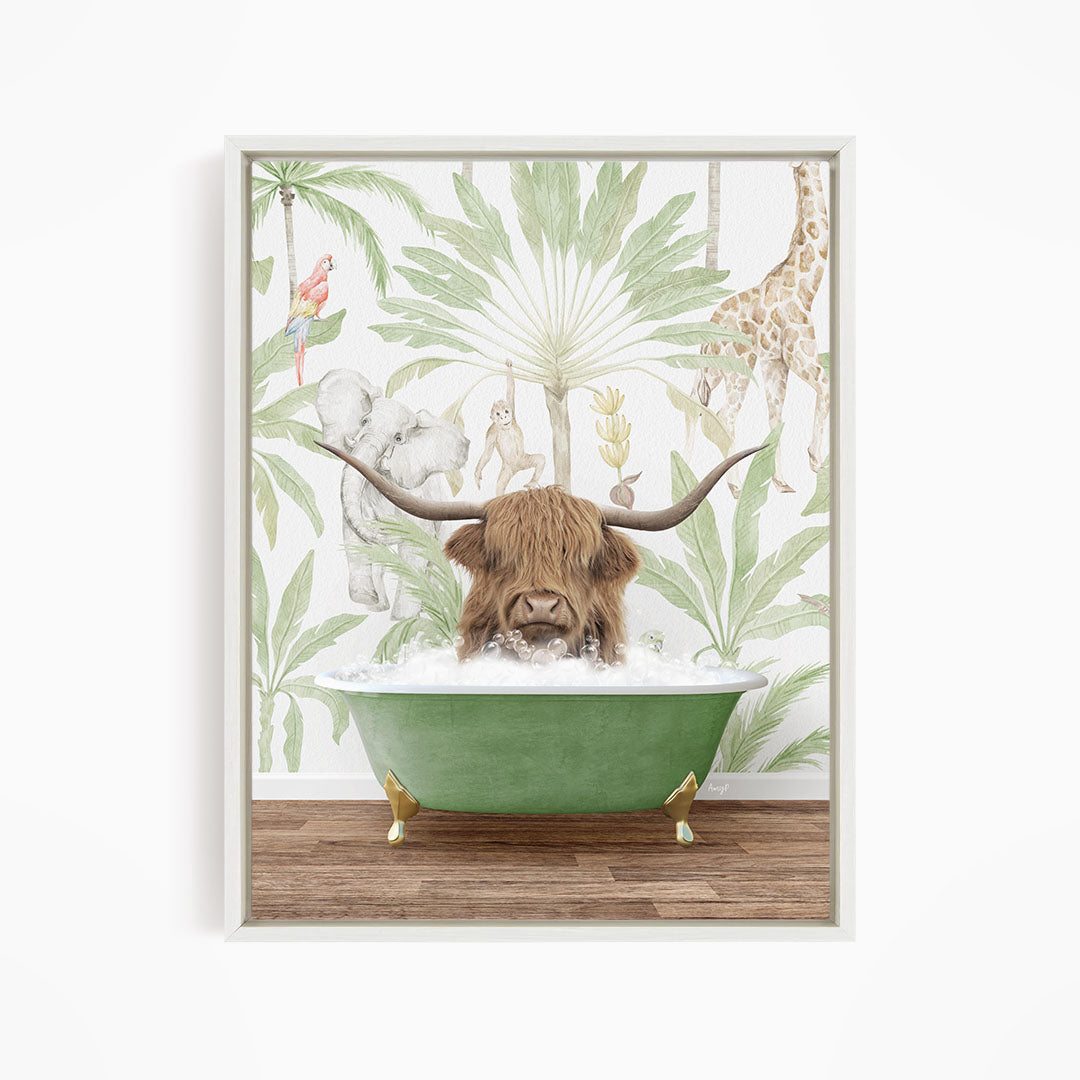 A brown cow with long horns is sitting in a green bathtub, surrounded by tropical plants and animals, including a giraffe and a parrot.