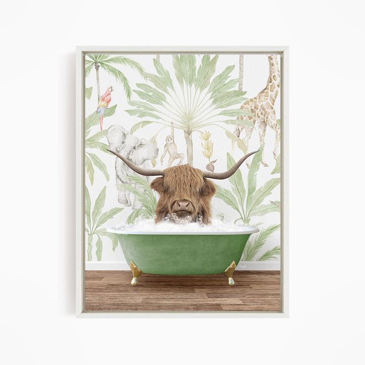 A brown cow with long horns is sitting in a green bathtub, surrounded by tropical plants and animals, including a giraffe and a parrot.