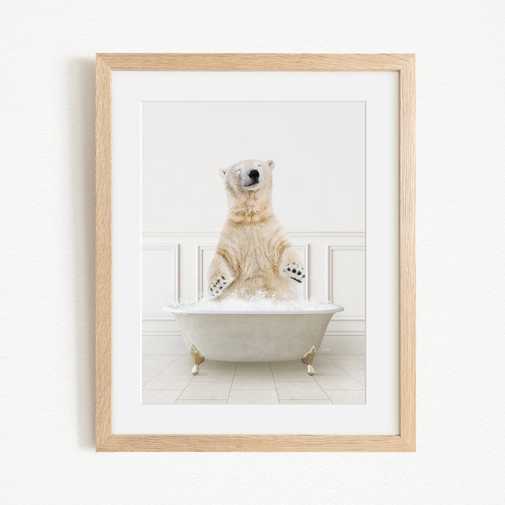 A polar bear sitting in a bathtub filled with water, appearing to be enjoying the bath.