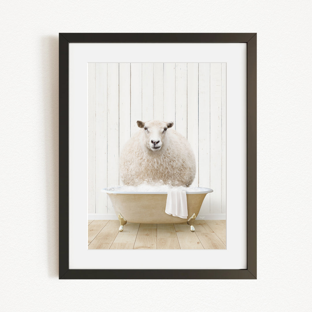 A fluffy white sheep sits in a bathtub filled with water, creating a whimsical and amusing scene.