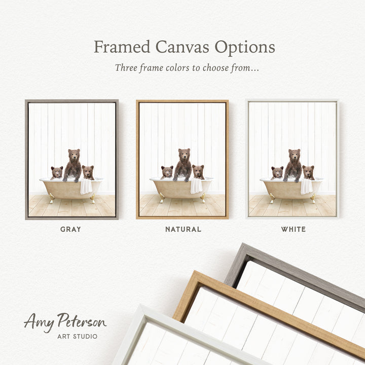 three framed canvas options, each featuring a bear bathtub with three bears sitting in it. The options include a gray frame, a natural frame, and a white frame.