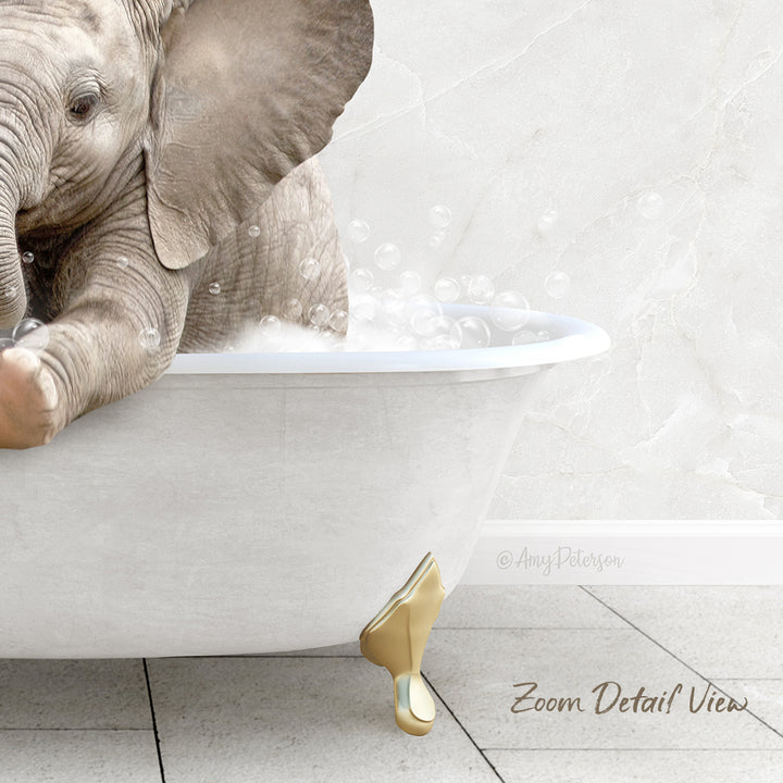 A baby elephant sitting in a white bathtub filled with bubbles, creating a whimsical and playful scene.